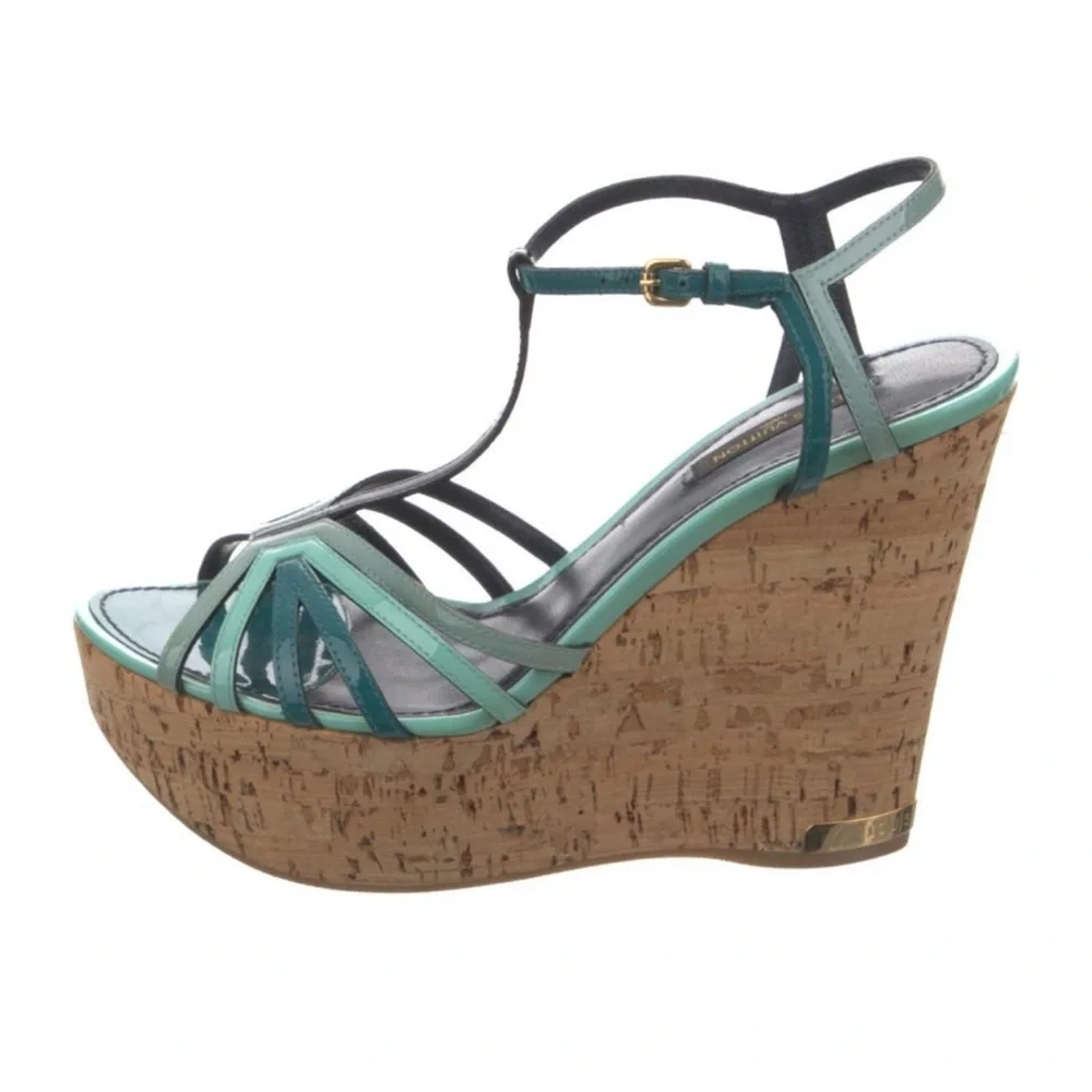 LOUIS VUITTON Summertime Blue Vernis Leather Wedge Sandals